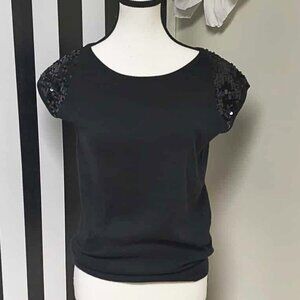 Worthington: Black Short Sleeve Sweater Style Top Sequin Sleeves Size M